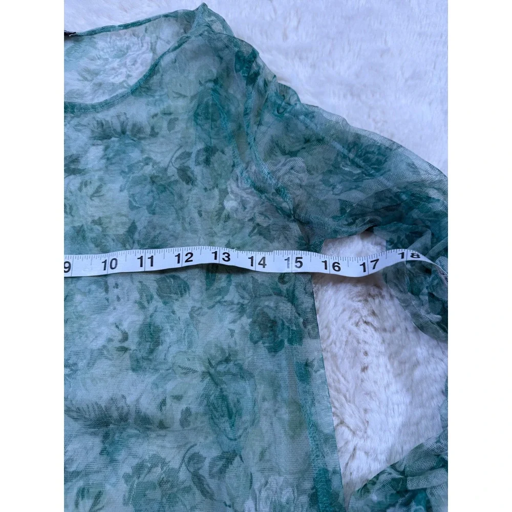 Zara Mesh Top Green Floral Ruched Sleeve Sheer Fairycore Whimsigoth Festival S
